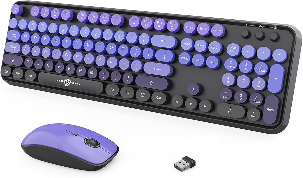 Wireless Keyboard and Mouse Combo, 2.4GHz Retro Typewriter Keyboard with Round Keycaps, Full-Size Creamy Silent Office Set for Desktop Laptop PC Computer (102 Keys Purple Black)