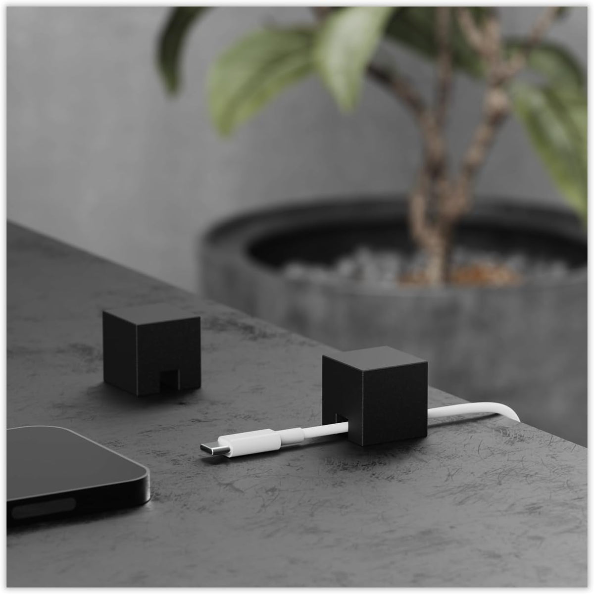 (2 PCS - Black) Metal Cord Holder, Weighted Cable Organizer or Management, Heavy Wire Keeper for Nightstand, Bedside Table, Desk - N2U Cube Cords Strap for Phone USB-C, Lightning Charger Cables