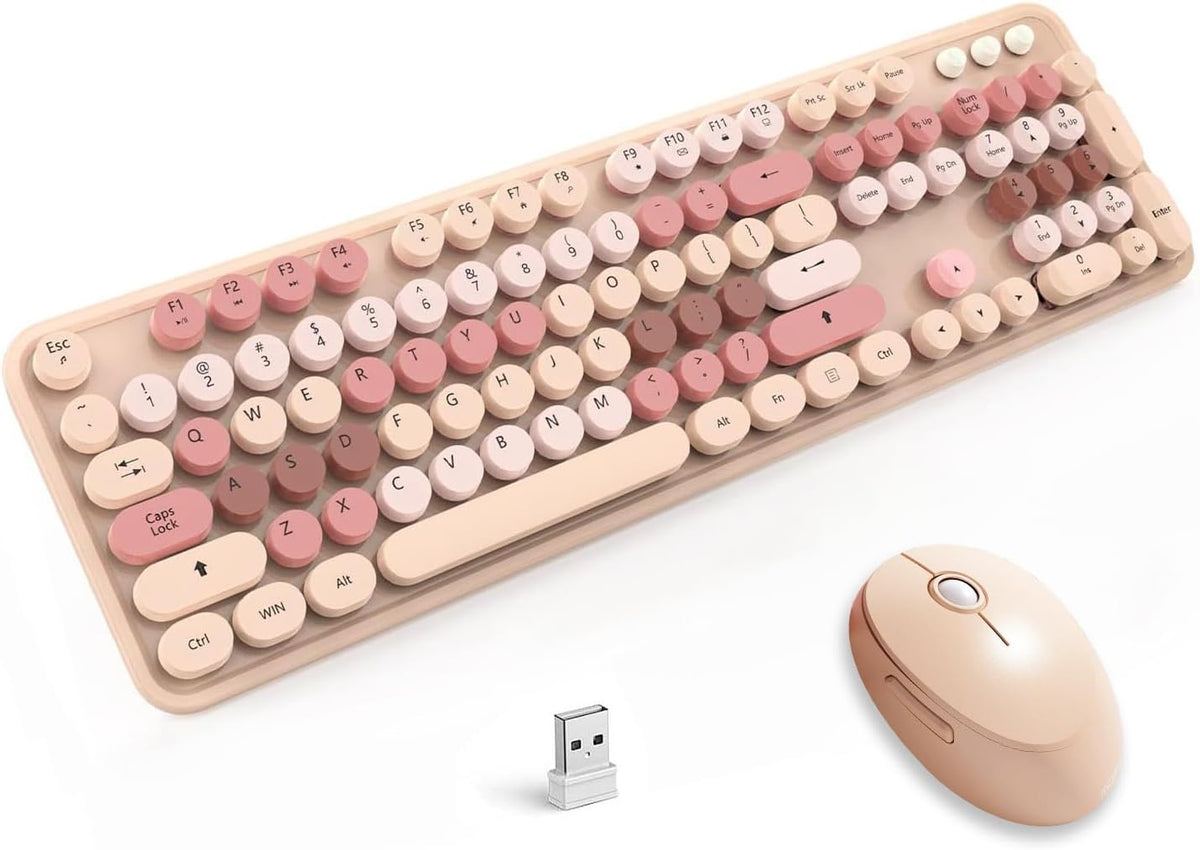 Wireless Keyboard and Mouse Combo, Retro Typewriter Style Keyboard with Round Keycaps, 2.4GHz Dropout-Free Connection Mouse with,Computer PC Desktops Laptop WindowsxP/7/8/10 (Brownish Tea Color)