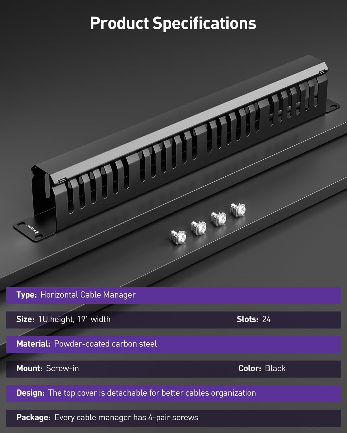 VCELINK 1U 24-Slot Server Rack Cable Management for 19" Rack/Cabinet 2-Pack
