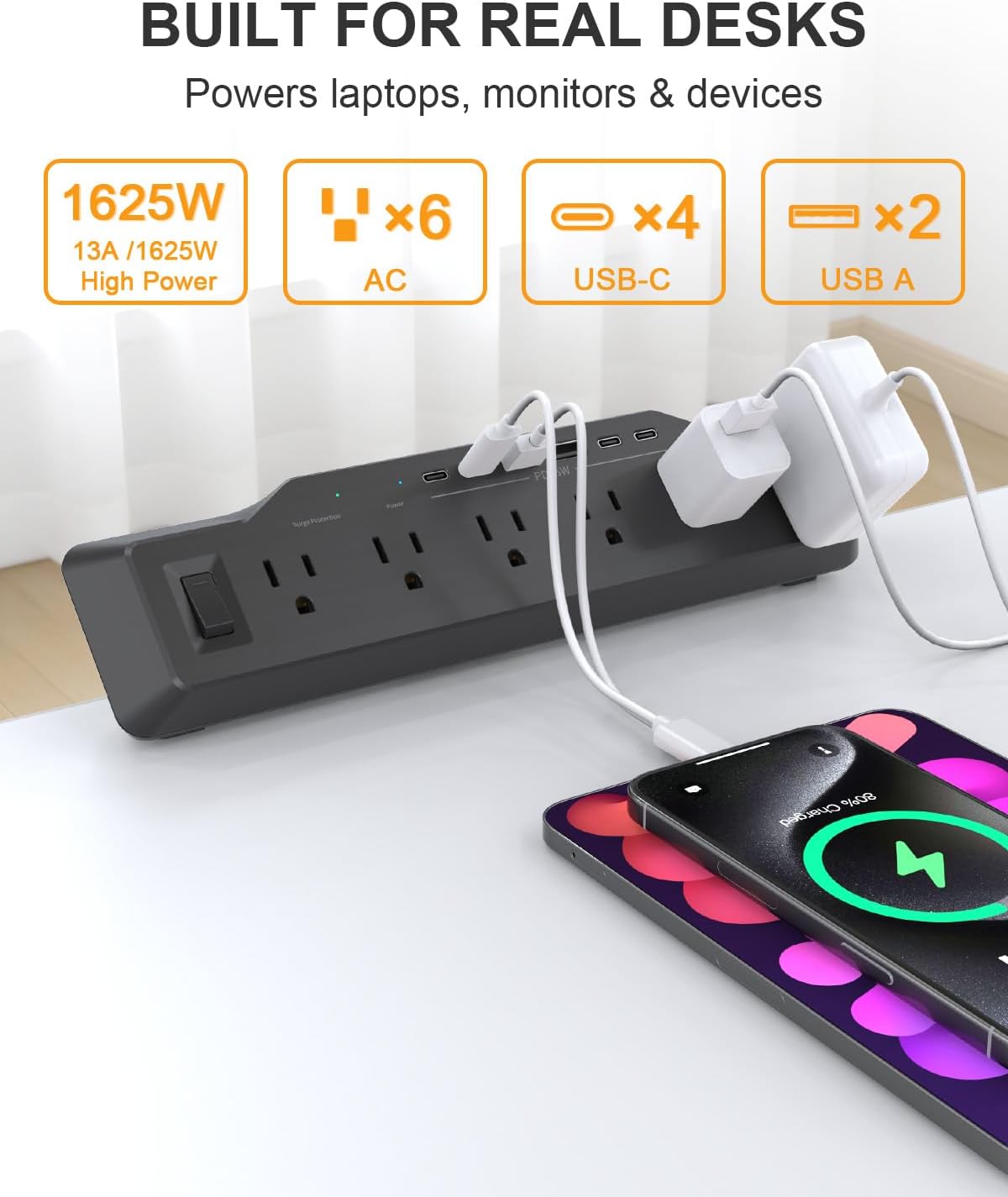 Desk Clamp Power Strip Surge Protector, 6 Outlets, Flat Plug, 1800J, 4 USB-C Ports (Any Port 35W), for Home & Office, Flame-Retardant PC-ABS Housing, Fits 1.96" Desk Edge, Black