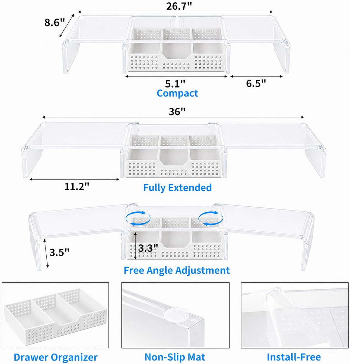 OPNICE Clear Acrylic Desk Organizers and Accessories, Dual Monitor Stand Riser with Drawer and 2 Pen Holders, Desk Shelf Printer Stand for Office Workspace Organizers, Desktop Organization (Transparent)