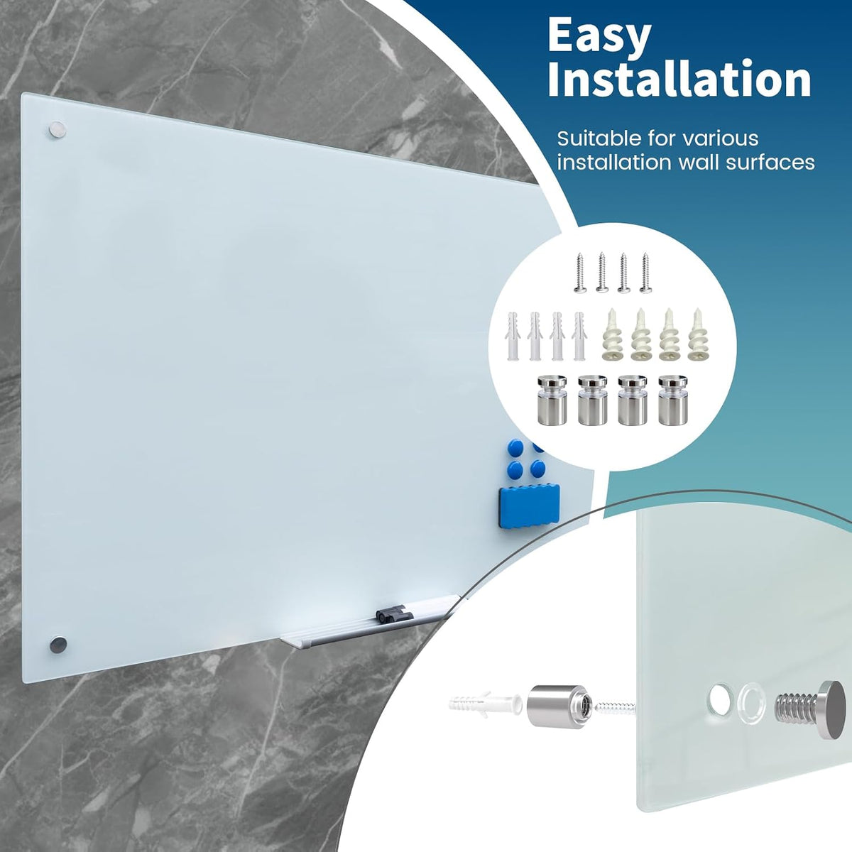 Glass Magnetic White Board, 36"x24" Dry Erase Board for Wall, Bulletin Whiteboard for School Classroom Office Homeschool