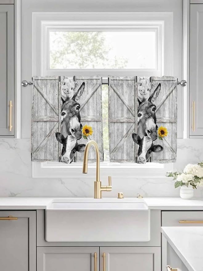 Grey Farmhouse Half Window Curtains 24 Inches Long, Vintage Sunflowers Animals