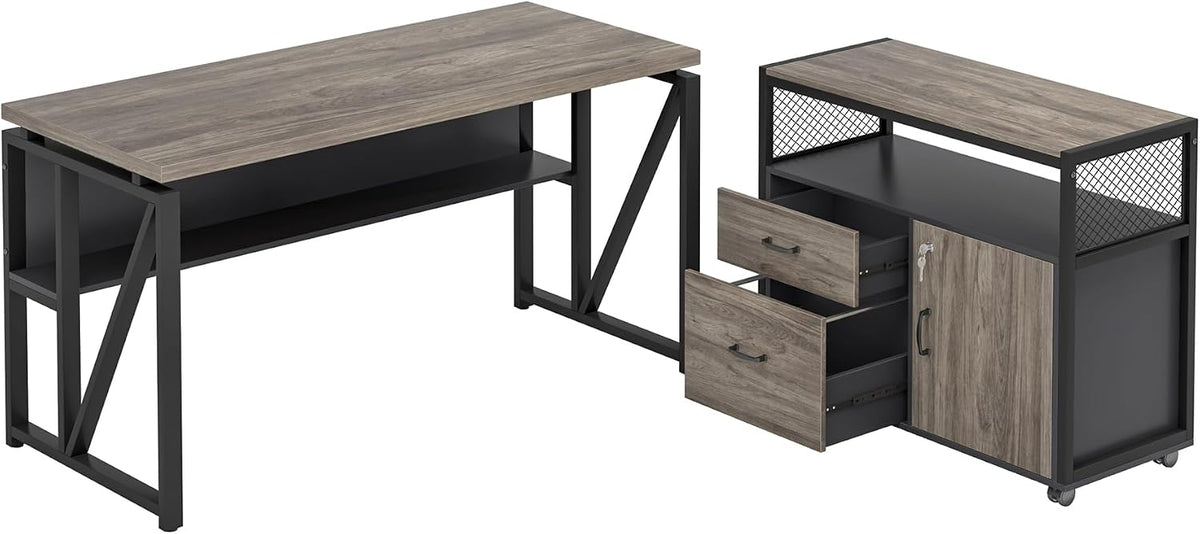 Tribesigns Grey Executive Desk with Cabinet, 55" L Shaped Computer Desk and lateral File Cabinet with Locks, 2 Piece Home Office Furniture Set for Hanging