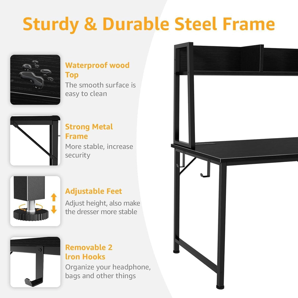 DLisiting Black Computer Desk with Hutch & Drawers, 47 Inch