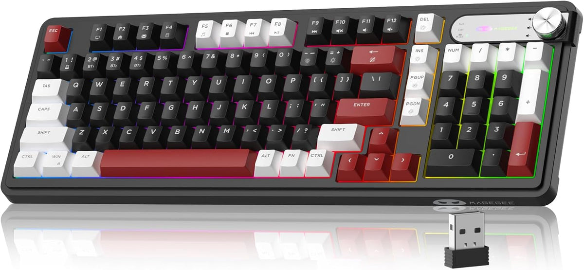 MageGee GK960 Wireless Keyboard, 98 Keys Tri-Mode BT/2.4G/Wired Membrane Gaming Keyboard, RGB Creamy Keyboard with Number Pad, Knob Control, 4000mAh Battery - White & Black