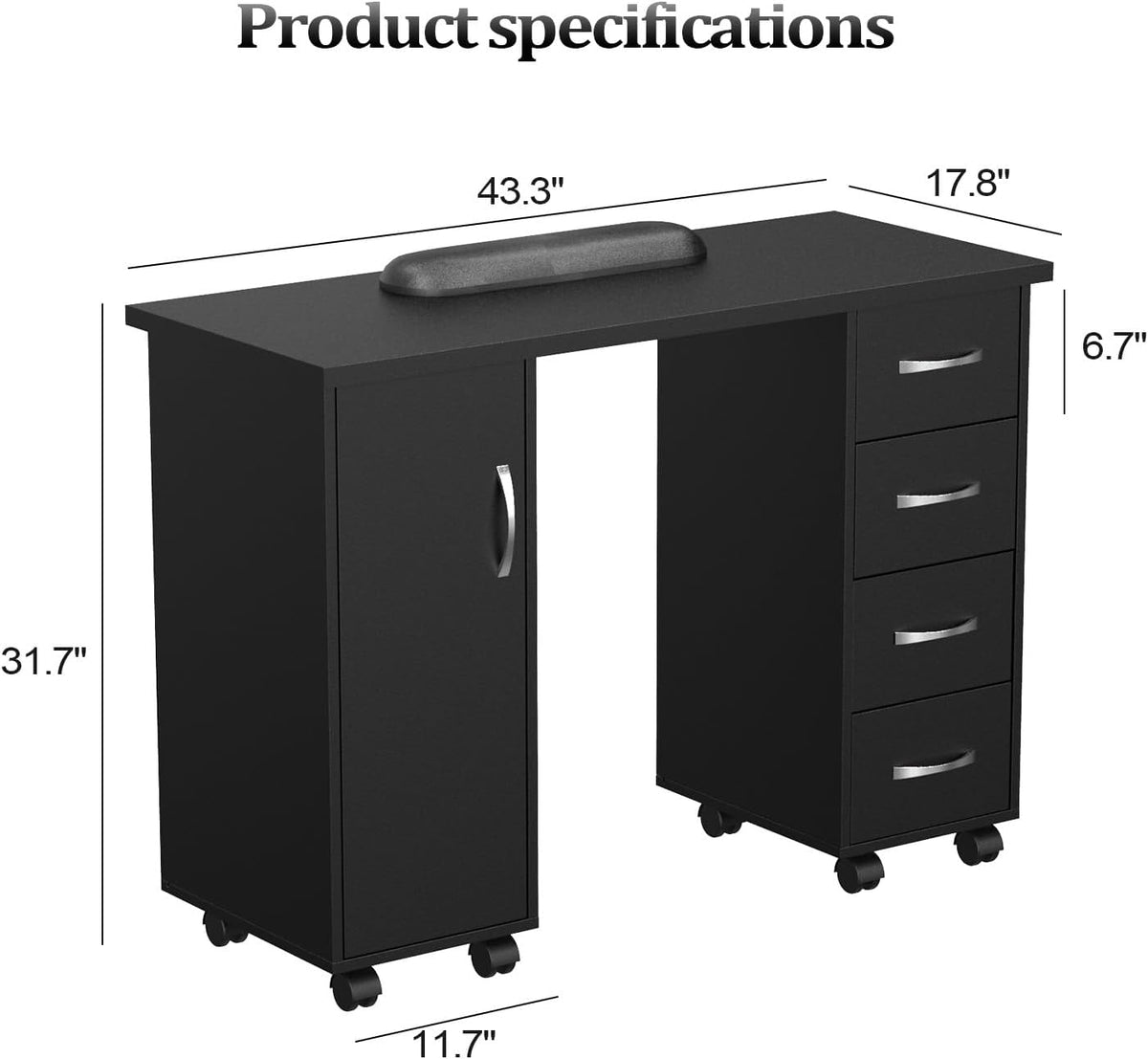LEADZM Manicure Table Nail Desk w/Cabinet, Drawers, Wheels & Arm Rest, Spa Salon Beauty Home Wooden Technician Workstation Nail Art Equipment for Nail Tech, 43.3" L x 31.5" H x 17.7" W (Black)
