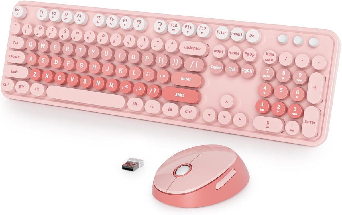 Wireless Keyboard Mouse, SbocKeeb Retro Typewriter Cute Keyboard Pink
