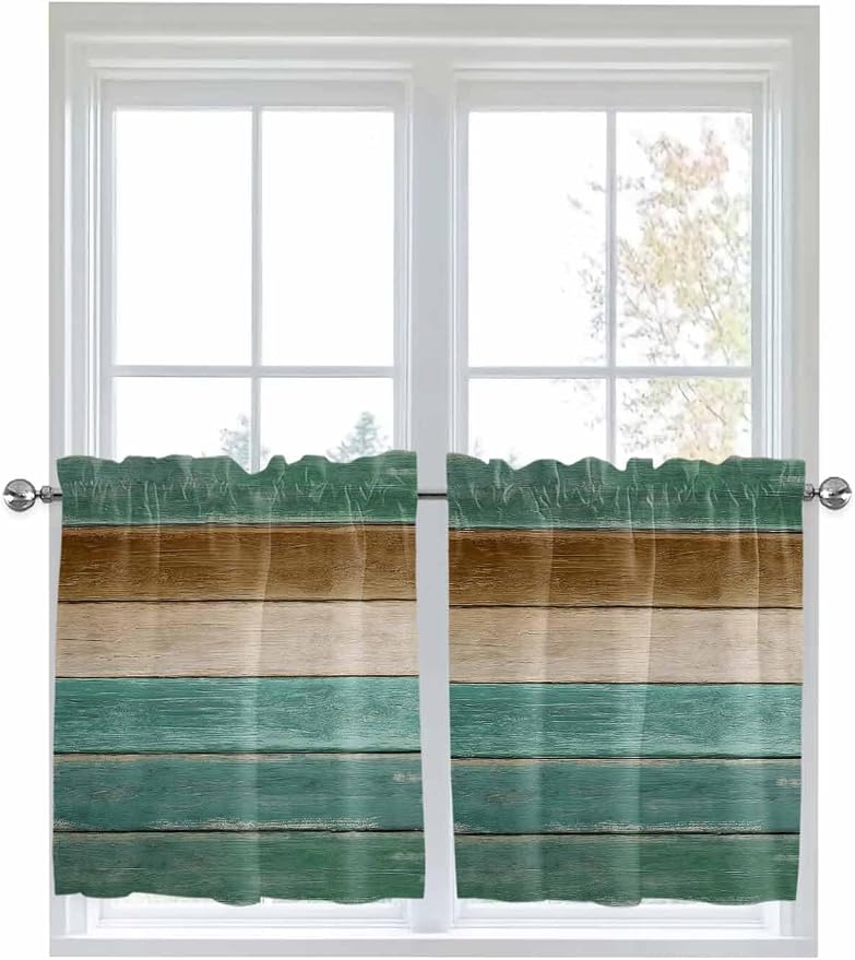 Vintage Plank Turquoise Brown Window Valance Curtains, Farmhouse Wood Grain