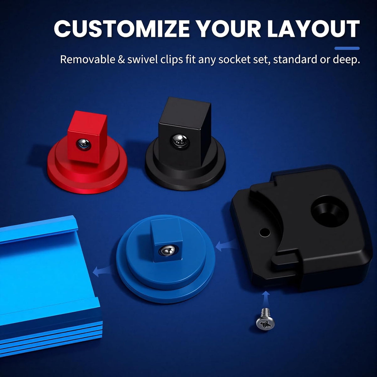 8PC Magnetic Socket Organizer Set, for 1/2″ 3/8″ 1/4″ Drive with 3 Black 3 Red 2 Blue Trays, 360° Swivel Removable Clips, Heavy Duty Aluminum Alloy Rail for Tool Box Drawer