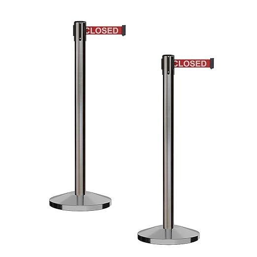 CCW Series RBB-100 - Set of 2 Stanchion Retractable Belt Barriers (9 Foot Belt, Red with"This LINE is Closed" White Letters Belt with Satin Stainless Steel Post)