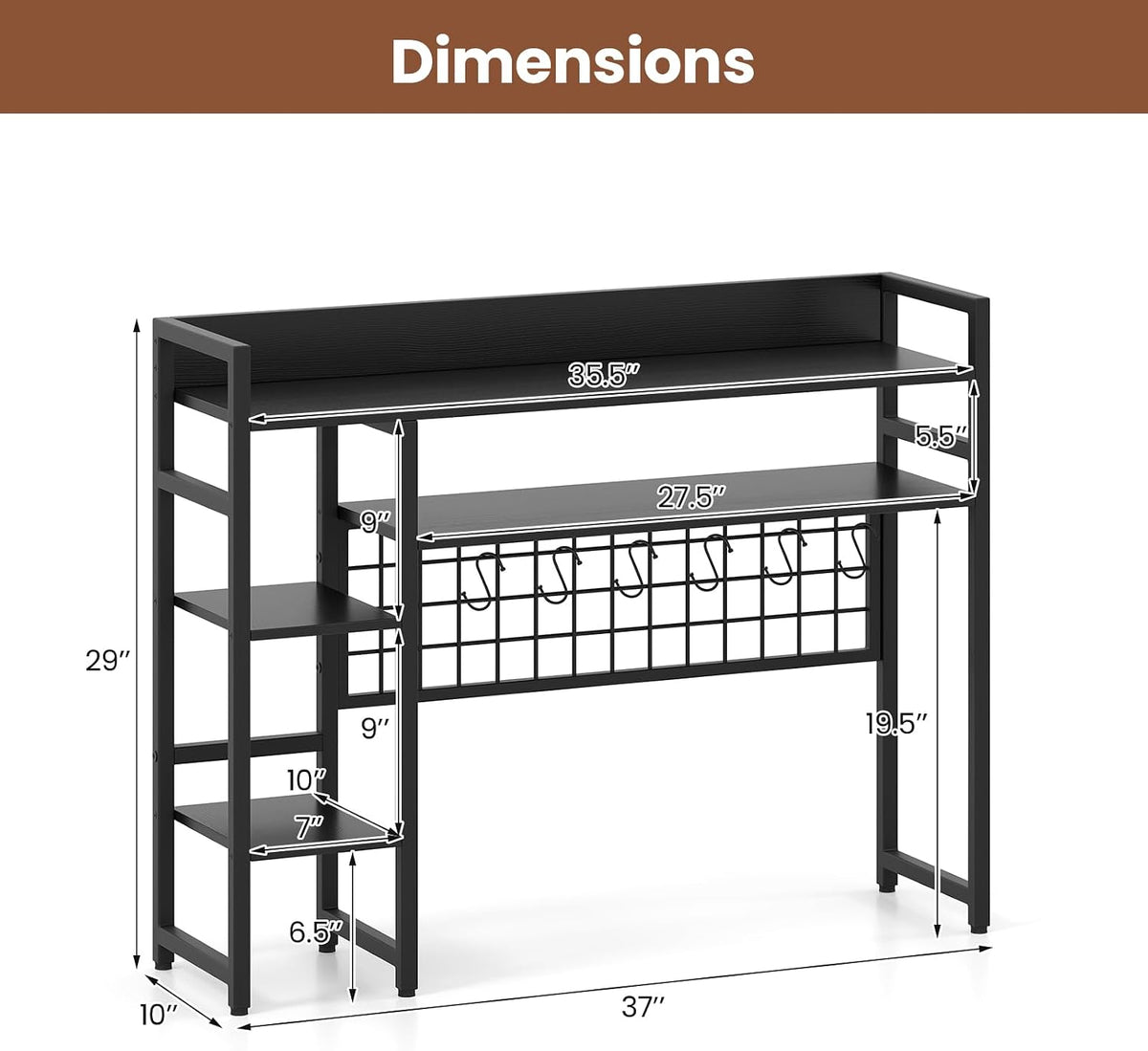 Tangkula Desktop Bookshelf for Computer Monitor Up to 32”, Countertop Storage Hutch with 4 Open Shelves, Grid Panel, 6 Hooks, Anti-tip Device, 4-Tier Desktop Shelves for Home Office Dorm, Black