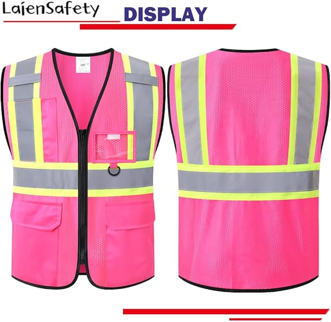 Safety Vest for Men Women Reflective with Multiple Pockets Mesh High Visibility Construction Work Vest,Meets ANSI/ISEA Standards(EK1-178-Pink-M)