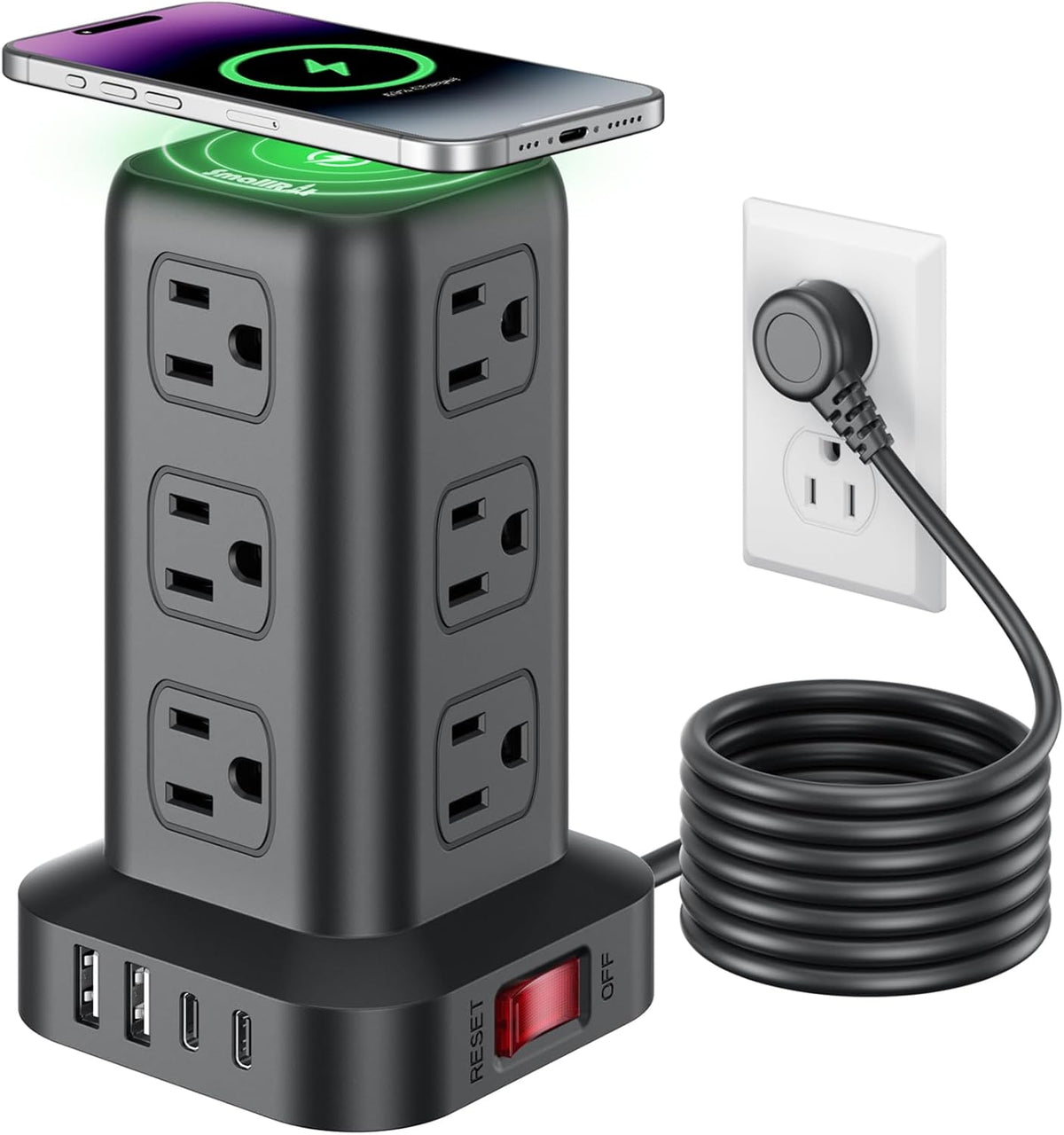 Extension Cord with Multiple Outlets, SMALLRT Power Strip Tower, Outlet Extender with 12 AC Outlets 4 USB, 6.5FT Extension Cord for Home Dorm Room, Office Supplies, Overload Protection