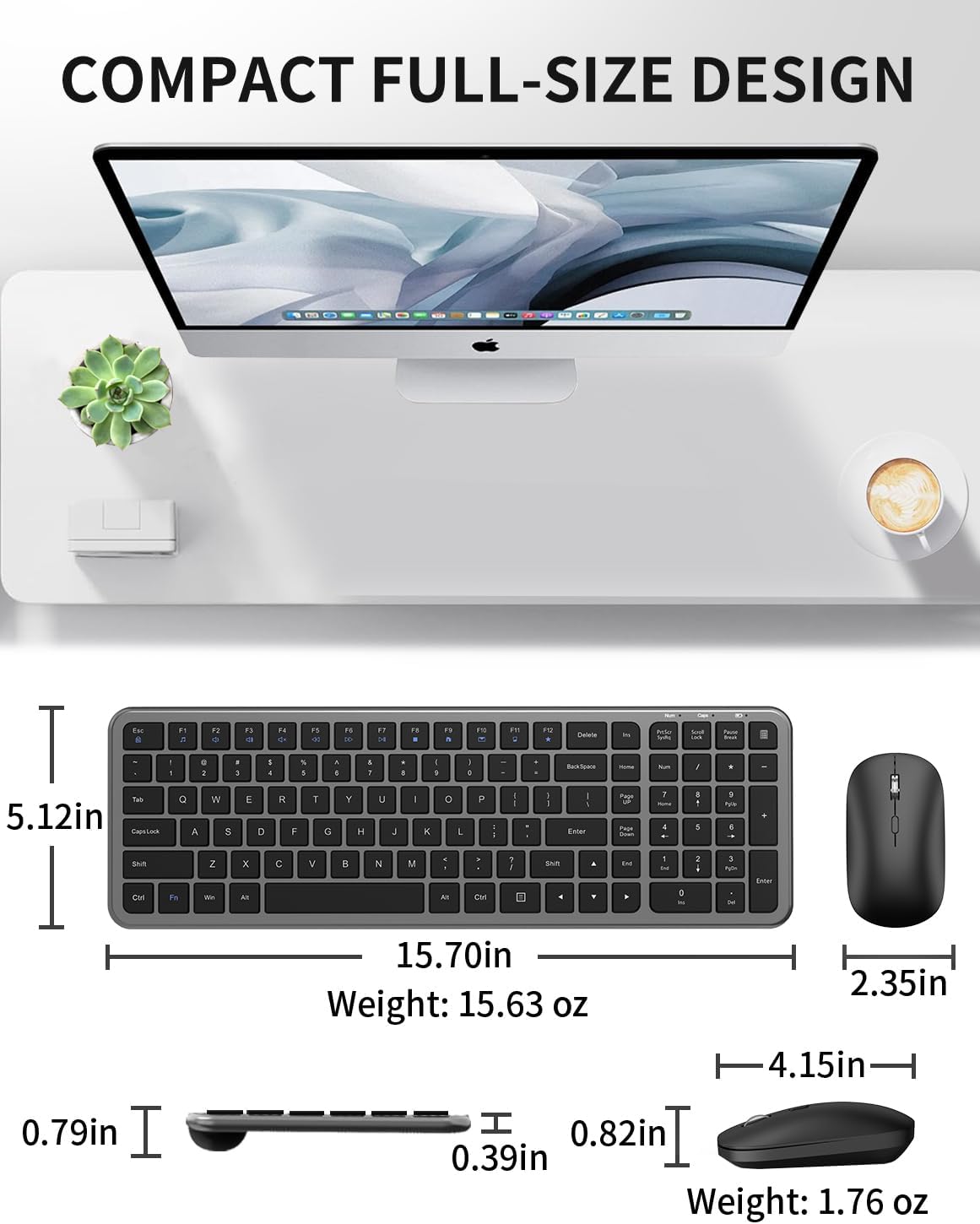 Wireless Keyboard and Mouse Combo, Slim Compact Full Size Flat Keyboard with Calculator Button, Silent Computer Mouse, 2400 DPI, 2.4G USB Cordless Set Suitable for Laptop PC Windows Mac - Gray ﻿