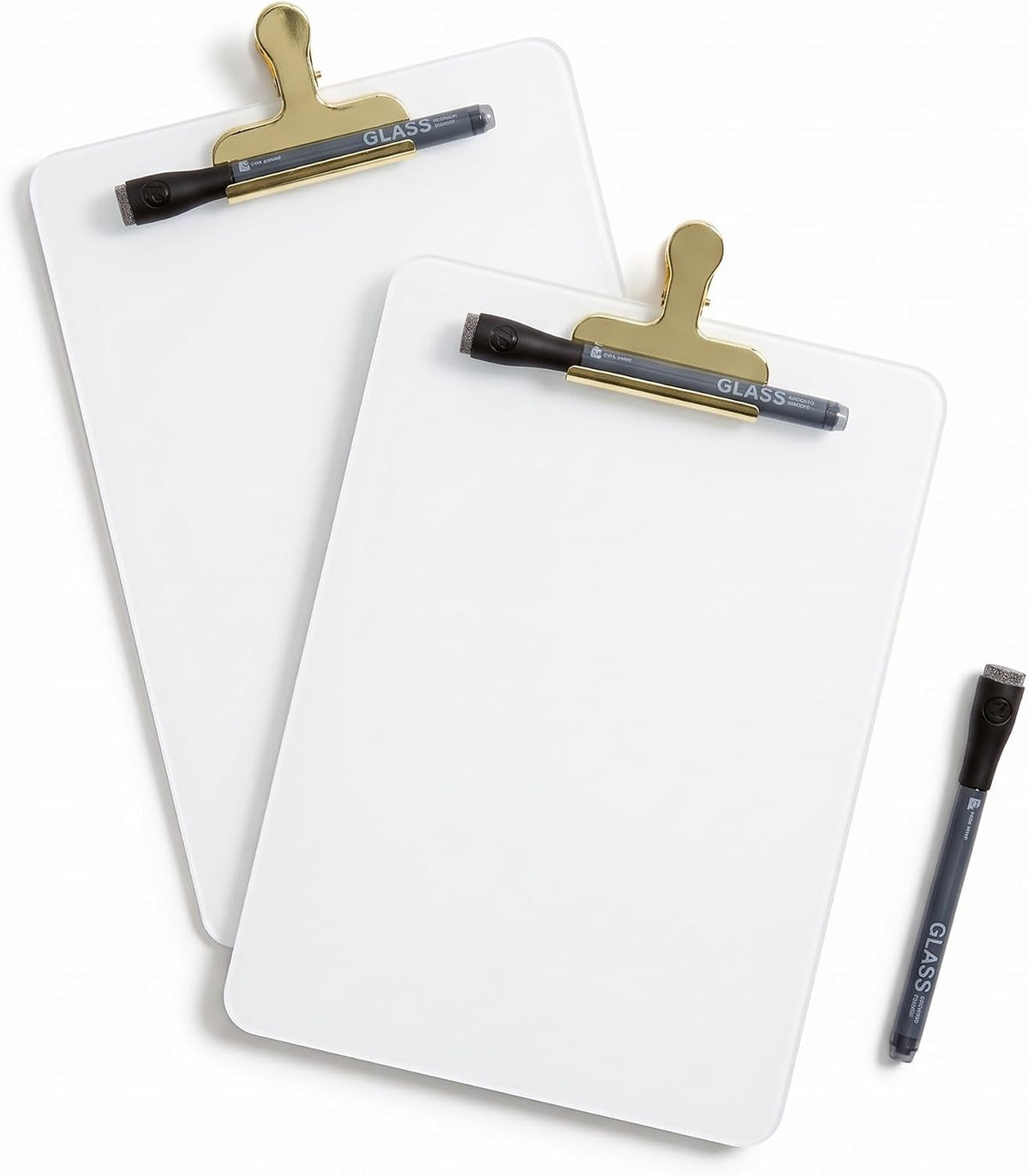 U Brands Glass Dry-Erase Desktop Easel, Tempered Glass, Gold Metal Stand, Removable Clip (Pack of 2)