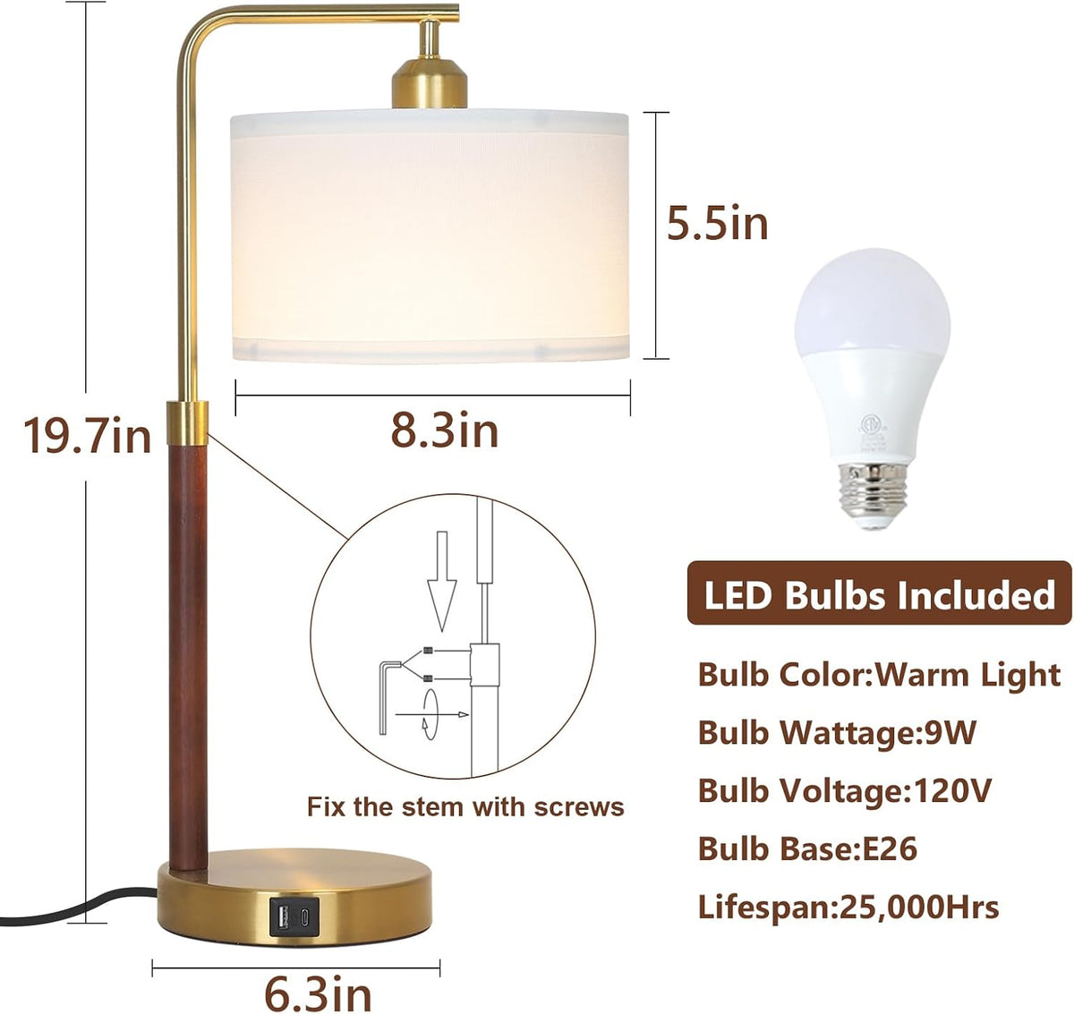 LAMSU Touch Lamp for Nightstand, Mid Century Table Lamp with Bulb, Solid Wood Pole, Dimmable Bedside Lamp with USB Charging Ports, Modern Gold Tall Desk Lamps for Bedroom Living Room Office