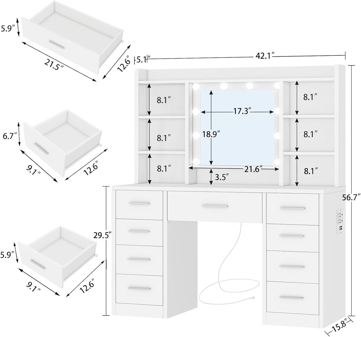 FIONESO Vanity Desk with Mirror and Lights, Power Outlet, Makeup Vanity with 9 Drawers & 6 Open Storage Shelves, 3 Lighting Modes Brightness Adjustable, White