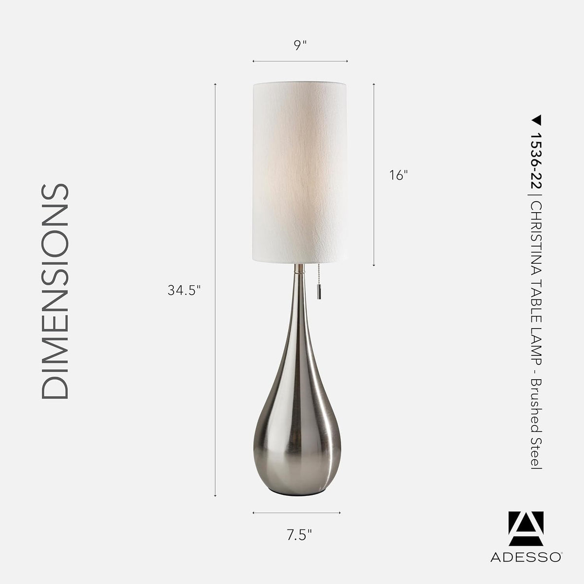 Adesso Brushed Steel Table Lamp with White Fabric Shade – Pull Chain Accent Light for Bedroom, Living Room, or Home Office, 34.5” Tall