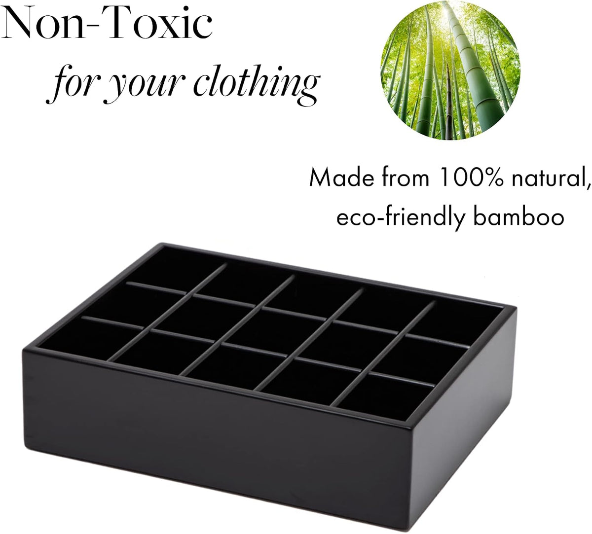 GOBAM Bamboo Closet Drawer Organizer, 15 Compartments - Drawer Divider & Storage Box for Ties, Bras, Briefs, Socks & Jewelry - Storage Organizer for Dressing Room & Bedroom - Black