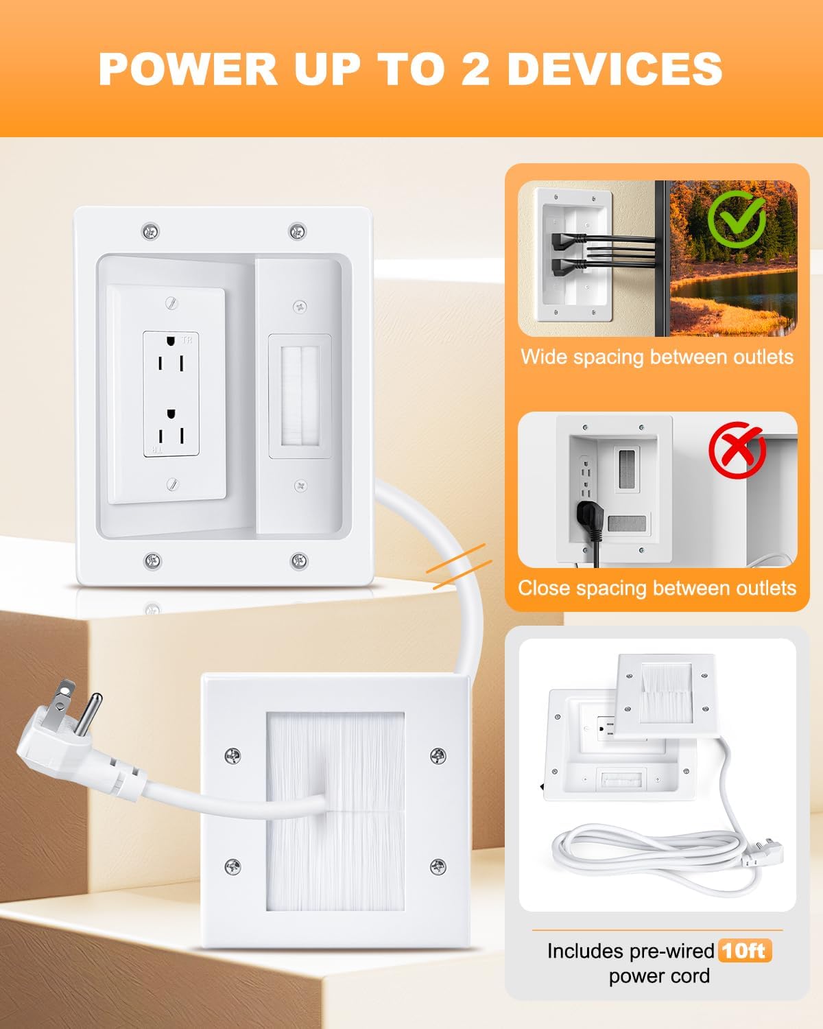 in Wall Cable Management Kit with Recessed Outlet Box, Two-Hole Socket, 10ft Power Cord, Tv Cable Hider Wall Kit Fits All Plugs, Easy, Safe Cable Management