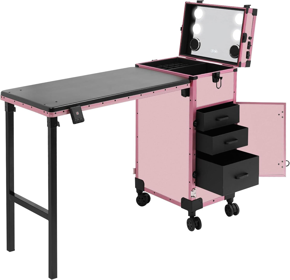 Rolling Makeup Train Case with 4 Drawers&Mirror, Foldable Makeup Nail Desk with Table&Blueteeth Speaker, Lockable Manicure Table for Technician Workstation Salon (Pink)