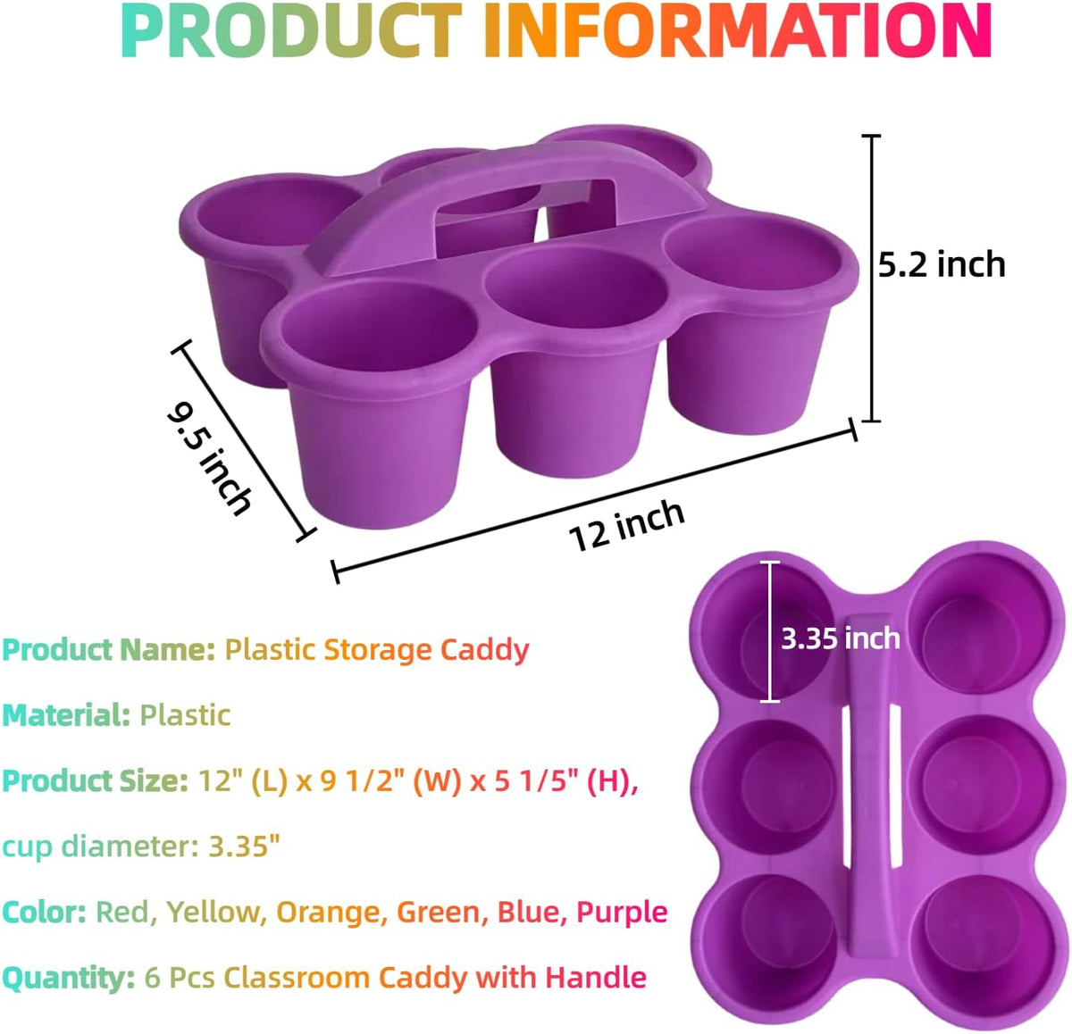 6 Pack Plastic Classroom Caddy Organizer with Handle,6 Compartment, Rainbow