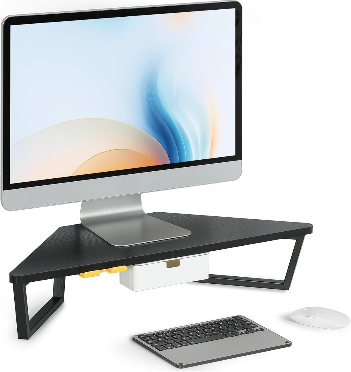 TEAMIX Corner Monitor Stand with Drawer and Phone Holder, 26x12.6x5.3in
