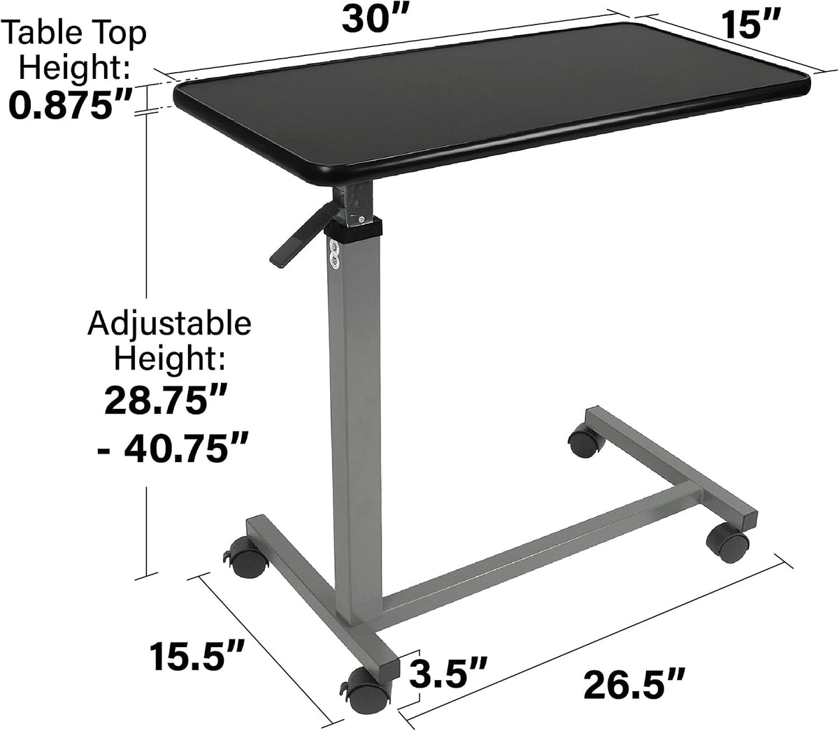 Vaunn Medical Cart Adjustable Overbed Table with Wheels – Rolling Bedside Table for Hospital, Portable Standing Cart & Laptop Desk for Bed, Couch, Wheelchair