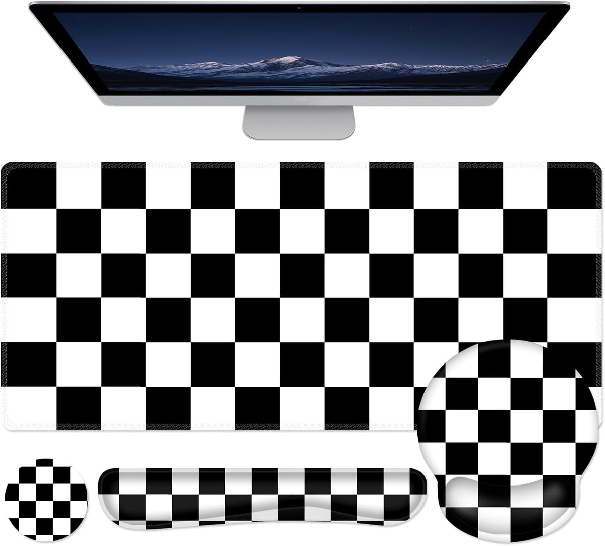 AIMSA Checkered Keyboard Mouse Pad Wrist Rest Set, Black XXL Large Mouse Pad for Desk Cover, Anti-Slip Big Ergonomic Mousepad Wrist Support for Keyboard and Mouse