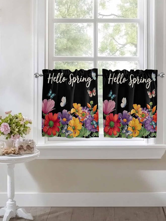 Spring Flowers Half Window Curtain 36 Inches Long, Watercolor Country Colorful
