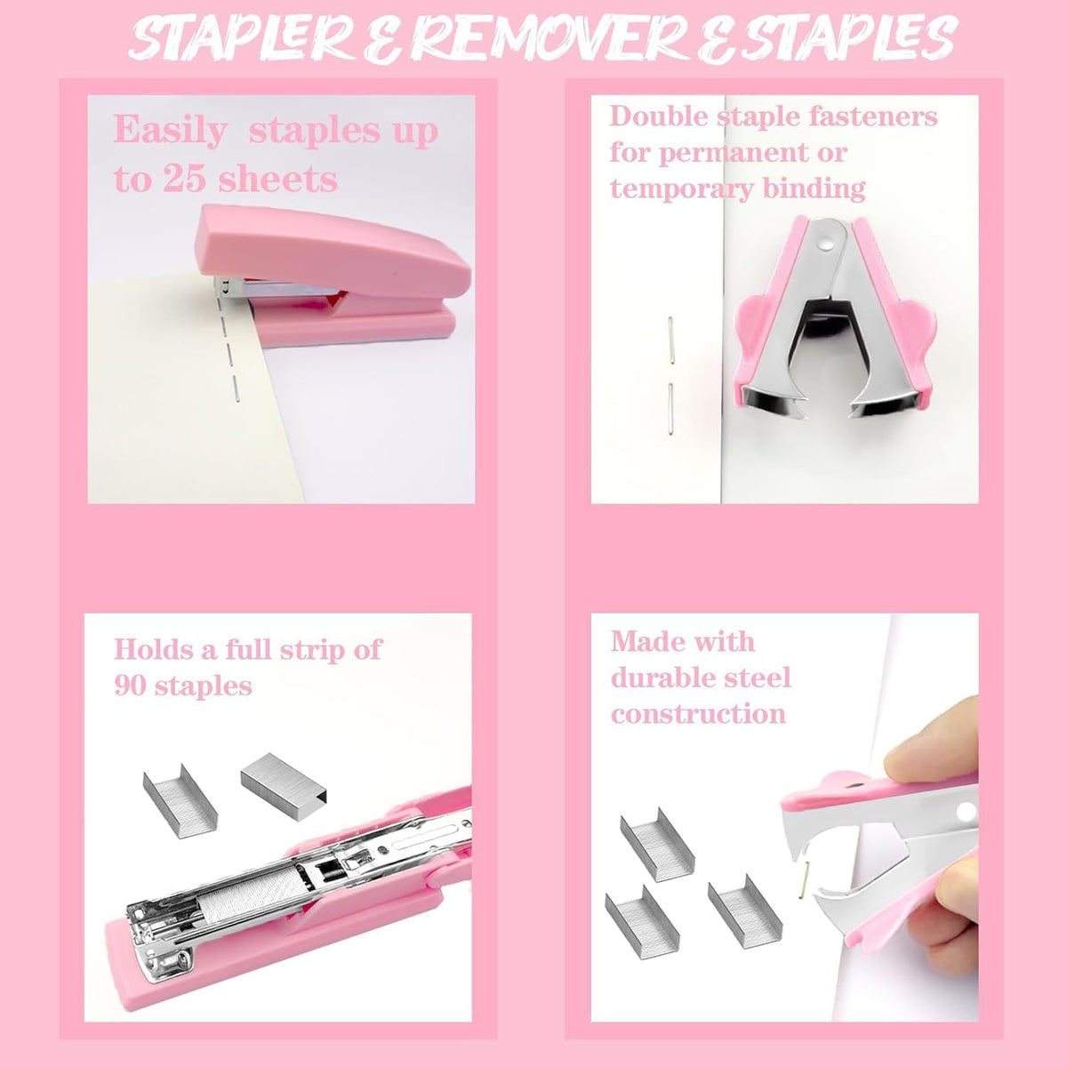 Pink Office Supplies, 17Pcs Pink Desk Accessories Set Include Stapler, Mesh Desk Organizer, Tape Dispenser, Staple Remover, Pen Holder, Clips, Pens, Ruler, for Office Home School Women Students Gift