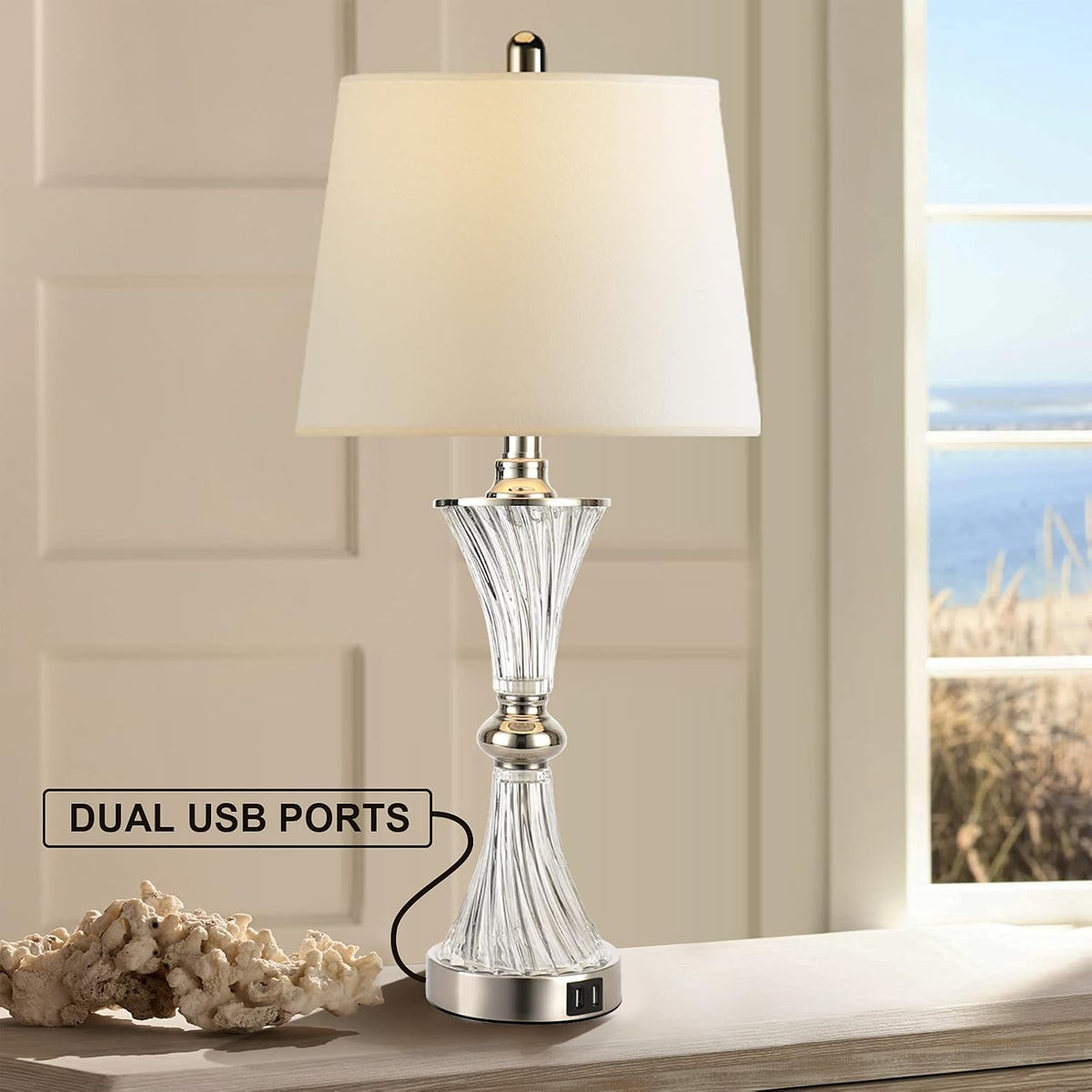 Hamucd Touch Control Table Lamp for Bedrooms 3 Way Dimmable White Drum Shade Modern Bedsides Nightstand lamp Set of 2 with 2 USB Charging Port(Bulbs Included)