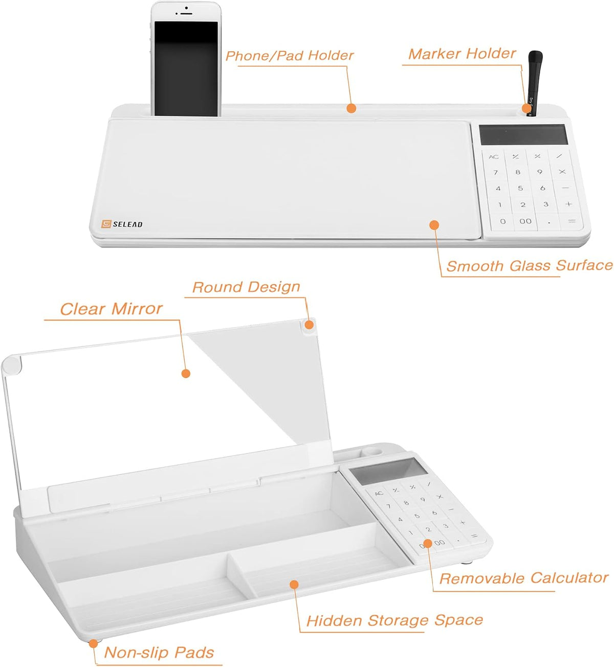 SELEAD Desktop Glass Whiteboard with Calculator & Built-in Mirror, White