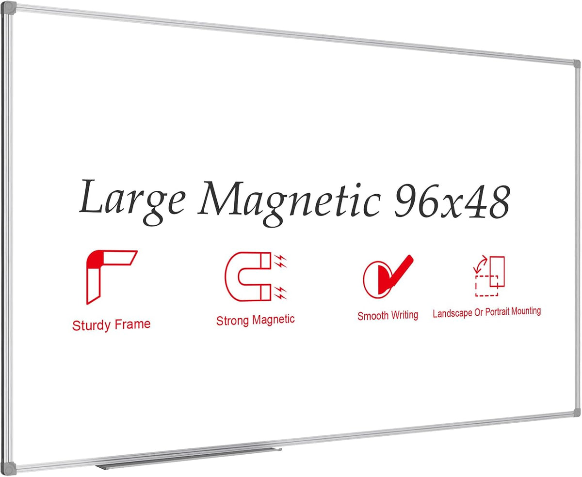 JILoffice Magnetic Dry Erase Board 96 x 48 inches, Large 4" x 8" Whiteboard for wall, Silver Aluminum Frame Wall Mounted Board for Office Home and School