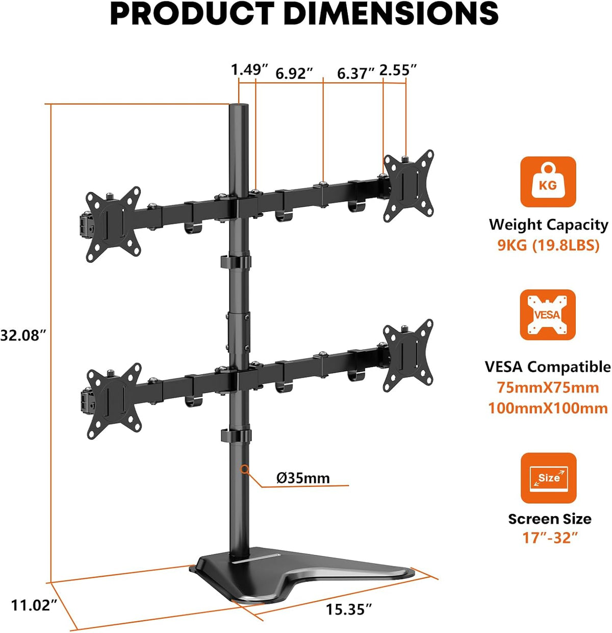 PUTORSEN Quad Monitor Stand for 4 Screens, 17-32", 19.8 lbs Each