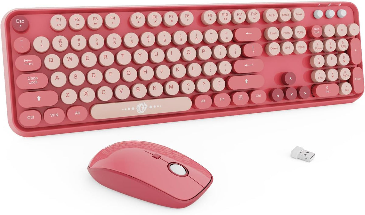 FD Wireless Keyboard and Mouse Combo | Cute Colorful Keyboard and Mouse with 2.4GHz Cordless Retro Typewriter Keyboard | Auto-Sleep | USB Receiver for Windows PC/Laptop - Pink Colorful