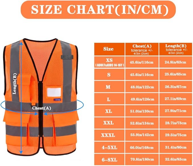 A-SAFETY Orange High Visibility Safety Vest Reflective,3M Multi Pockets Working Vest Working Uniform Zipper Front ANSI/ISEA Standards 7 Pockets Class 2,Large