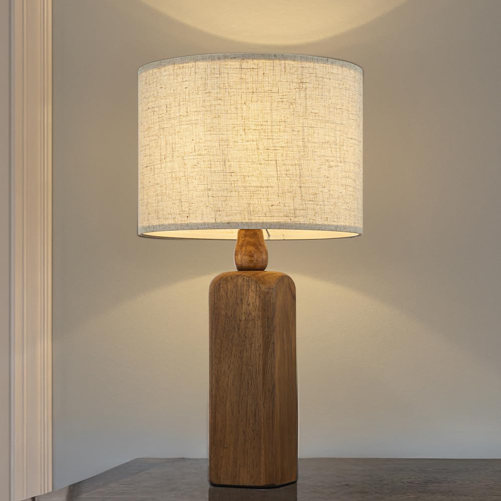Natural Wood Table Lamp W22 inch 1-Light Bedside Desk Lamp with Beige Fabric Drum Shade Small Nightstand Lamp for Bedroom Living Room Dining Room