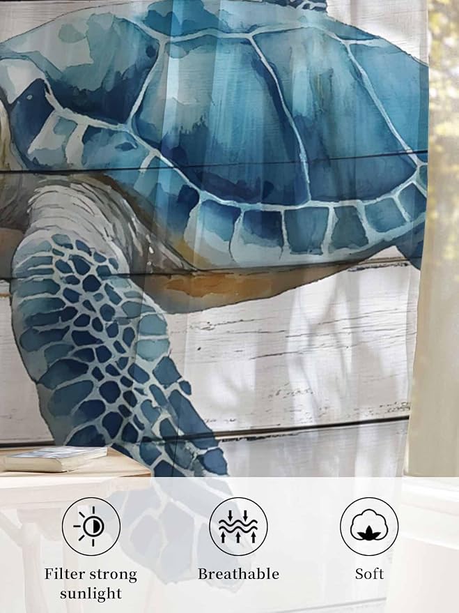 Sheer Curtains 84 Inches Long, Sea Turtle Blue Semi Sheer Curtains Light