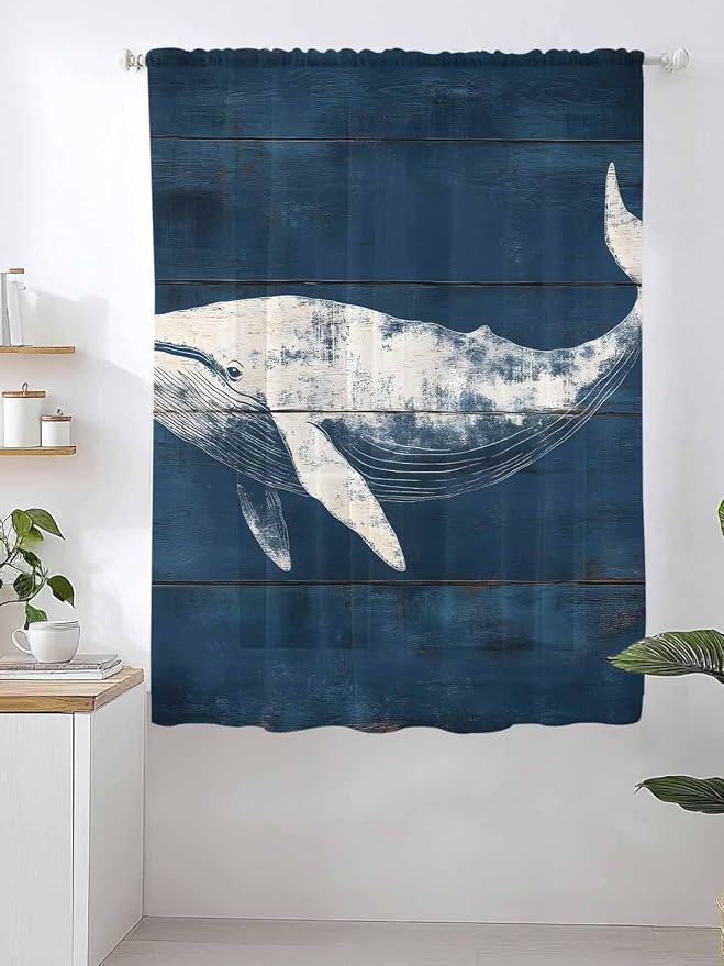 Sheer Curtains 72 Inches Long, Summer Whale Semi Sheer Curtains Light Filtering