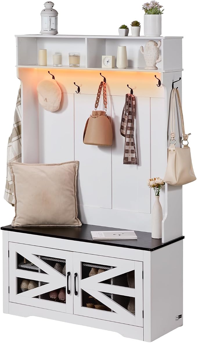 VEVOR Hall Tree Entryway Bench, LED Coat Rack