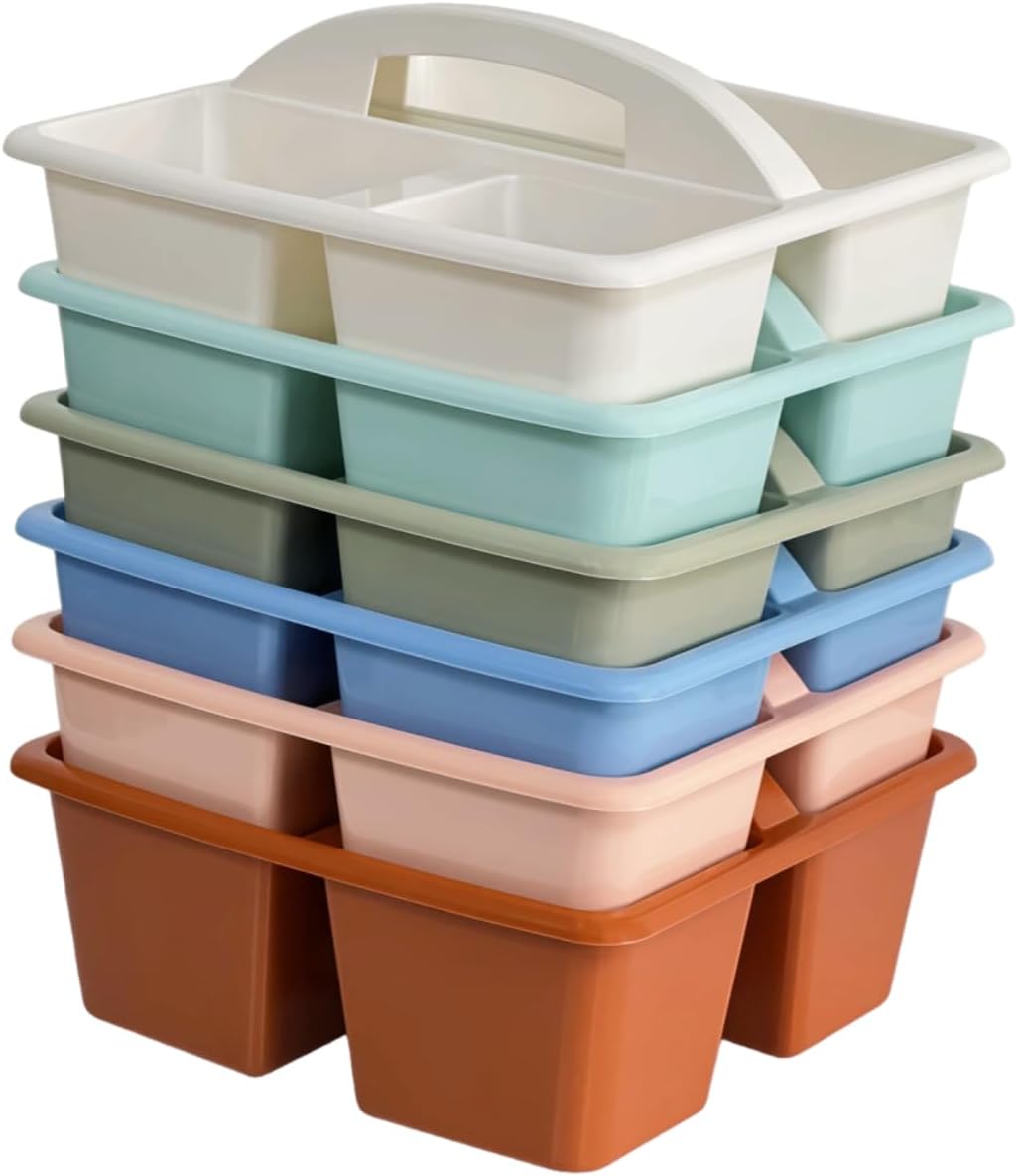 Set of 6 Classroom Caddy, Small Plastic Storage Caddy with Handle, Boho