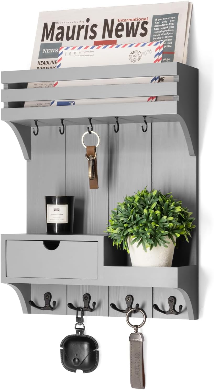 Rebee Vision Key Holder Wall Mount with Drawer & Shelf for Entryway, Gray