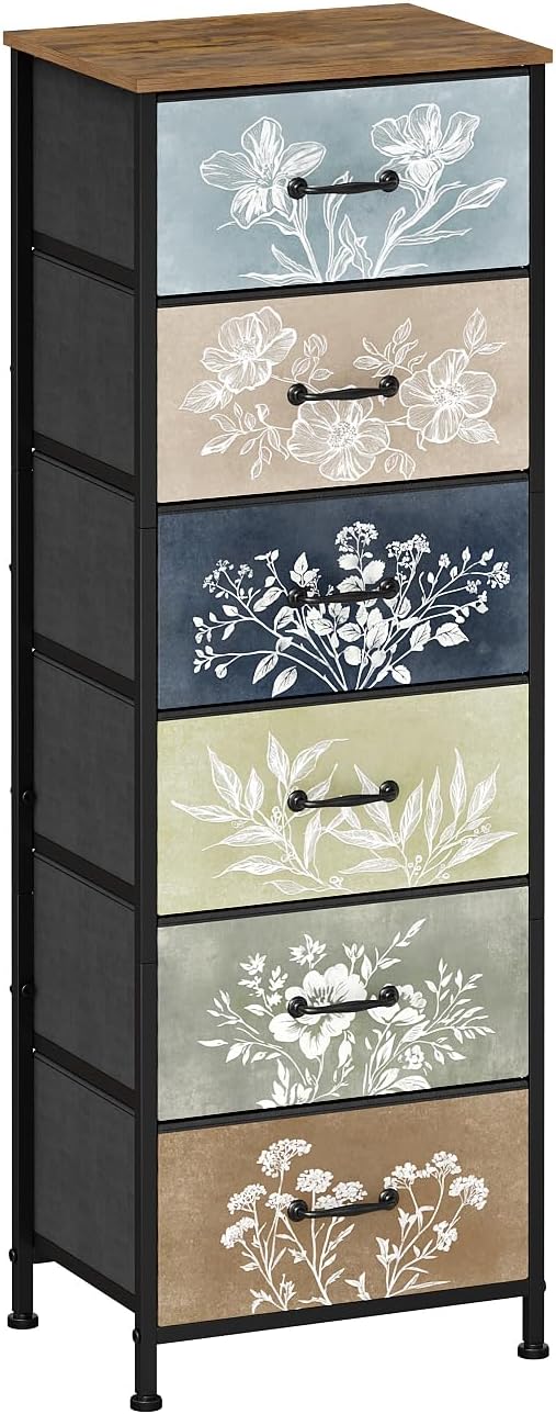 Tohomeor Vintage Dresser Vertical Nightstand with Neutral Botanical Plant Fabric Chest Drawers for Closet Bathroom Storage Tower Unit Bed Side Organizer Farmhouse Rustic (Rustic Brown, 6 Drawers)