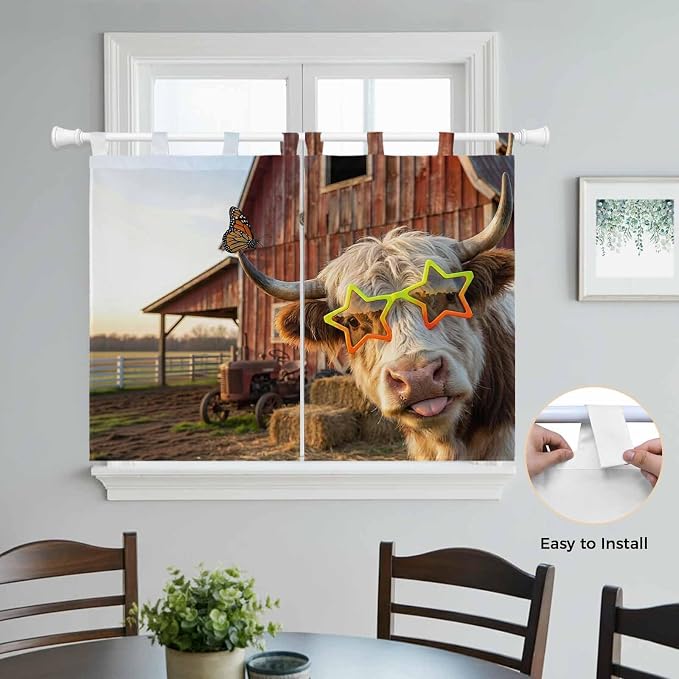 Farm Yaks Kitchen Curtains 45 Inch Length, Short Cafe Window Curtains Tab Top