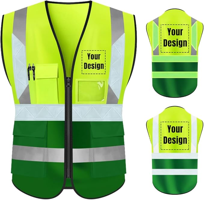 YOWESHOP High Visibility Safety Vest Custom Your Logo Protective Workwear 5 Pockets With Reflective Strips Outdoor Work Vest (M, Yellow Green Luminous)