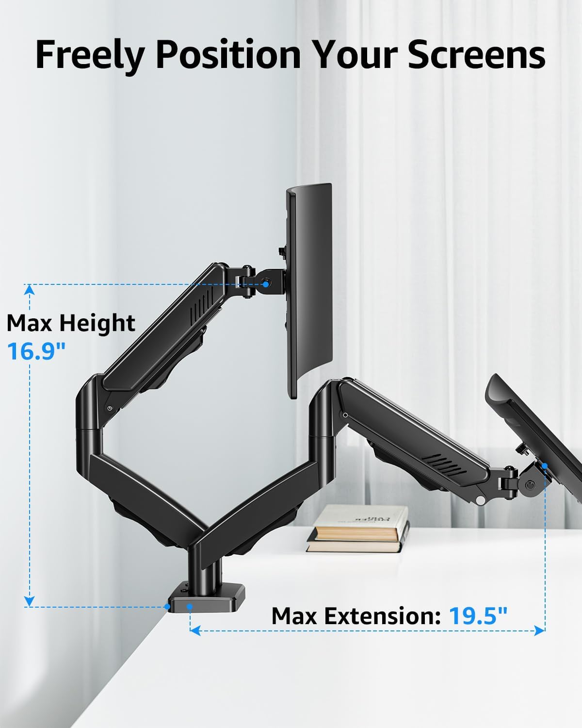 Dual Monitor Stand fits up to 32 inch, 4.4-19.8 lbs Computer Screens, Dual Monitor Desk Mount Height Adjustable, Monitor Arms for 2 Monitors, Home Office VESA Mounts, Freelift Black