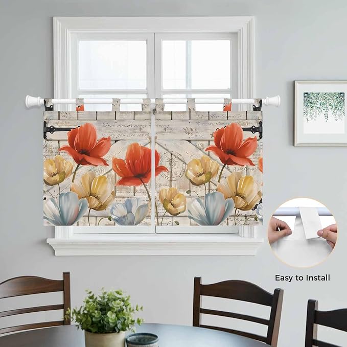 Retro Floral Kitchen Curtains 36 Inch Length, Small Window Curtains Tab Top